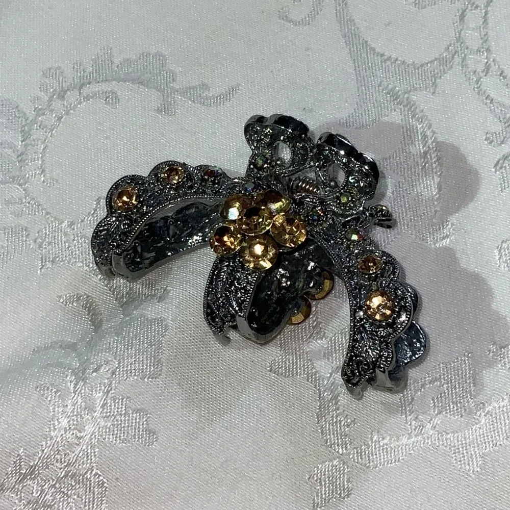 Silver Ornate Golden Yellow Bejeweled Heavy Spring Sparkly 3” Hair Clip